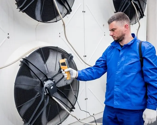 Technicus controleert grote ventilatoren met een meetapparaat